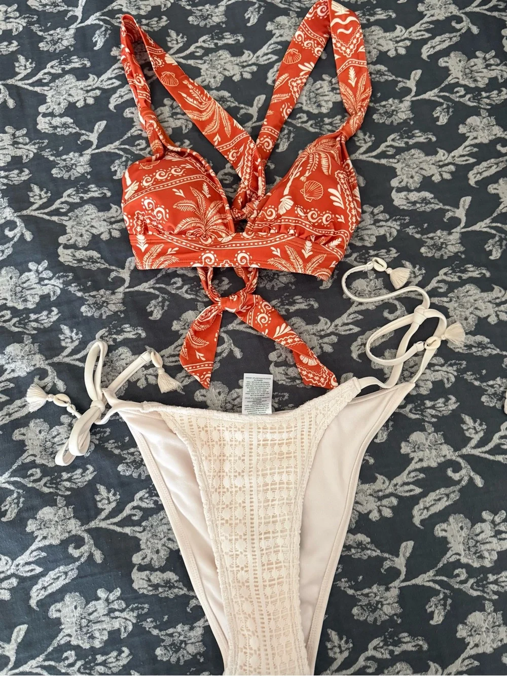 Rust Printed Tie-Front Bikini Top with Cream Crochet Bikini Bottom